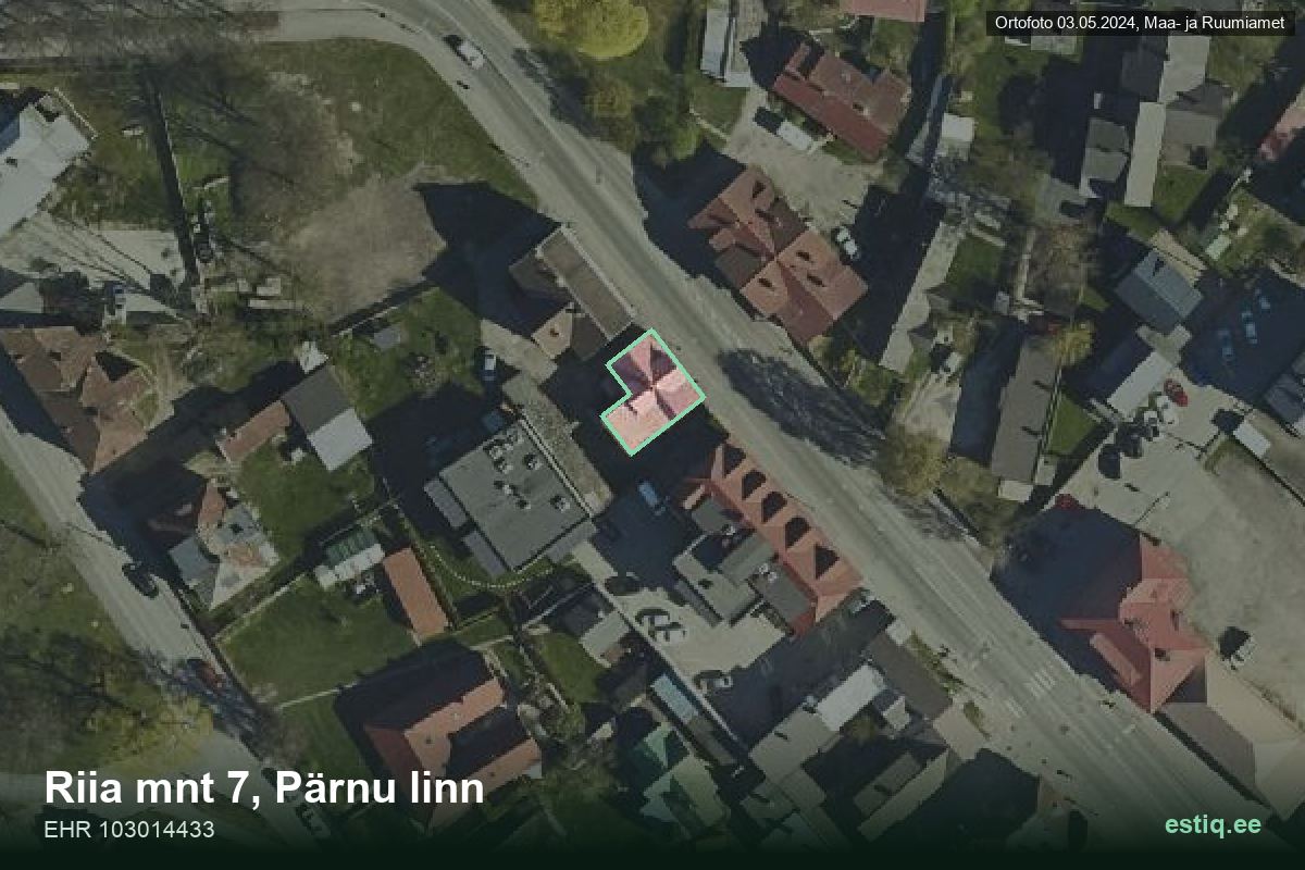 Riia mnt 7, Pärnu – аэрофото дома, контур по данным регистра строений (EHR)