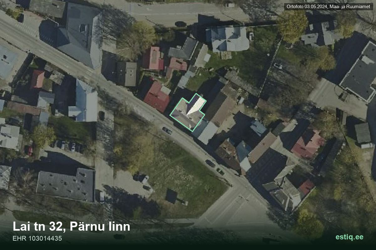 Lai tänav 32, Pärnu – hoone aerofoto, kontuur ehitisregistri (EHR) andmetest