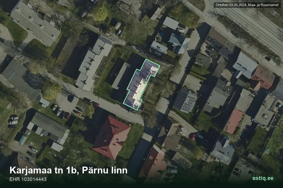 Karjamaa tänav 1b, Pärnu – ilmakuva rakennuksesta, ääriviiva rakennusrekisteristä (EHR)