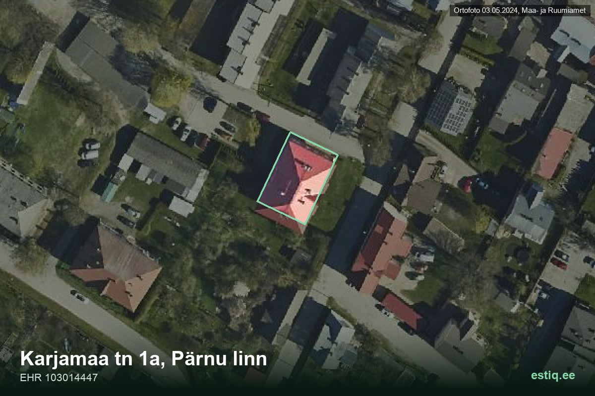 Karjamaa tänav 1a, Pärnu – hoone aerofoto, kontuur ehitisregistri (EHR) andmetest