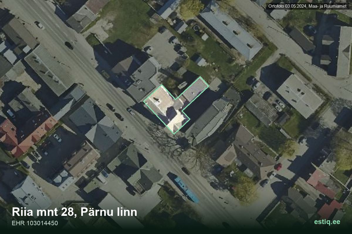 Riia mnt 28, Pärnu – hoone aerofoto, kontuur ehitisregistri (EHR) andmetest