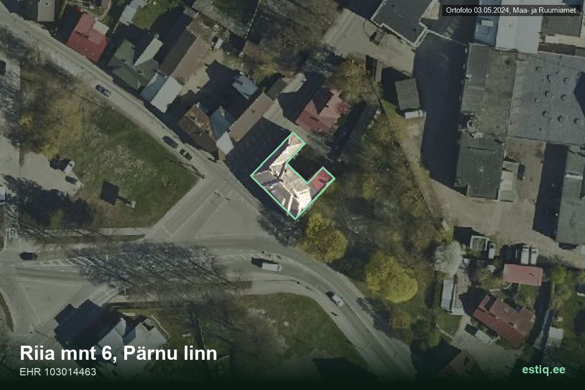 Riia mnt 6, Pärnu – hoone aerofoto, kontuur ehitisregistri (EHR) andmetest