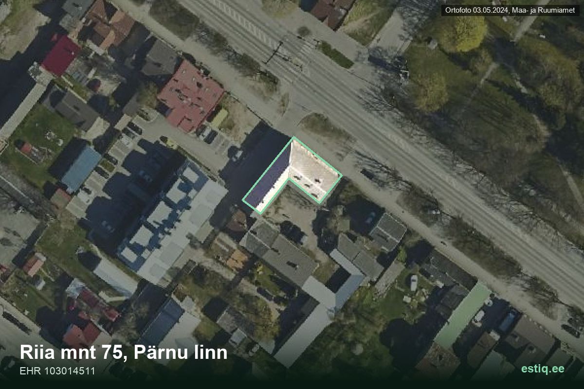 Riia mnt 75, Pärnu – hoone aerofoto, kontuur ehitisregistri (EHR) andmetest