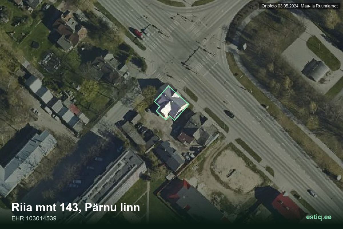 Riia mnt 143, Pärnu – ilmakuva rakennuksesta, ääriviiva rakennusrekisteristä (EHR)