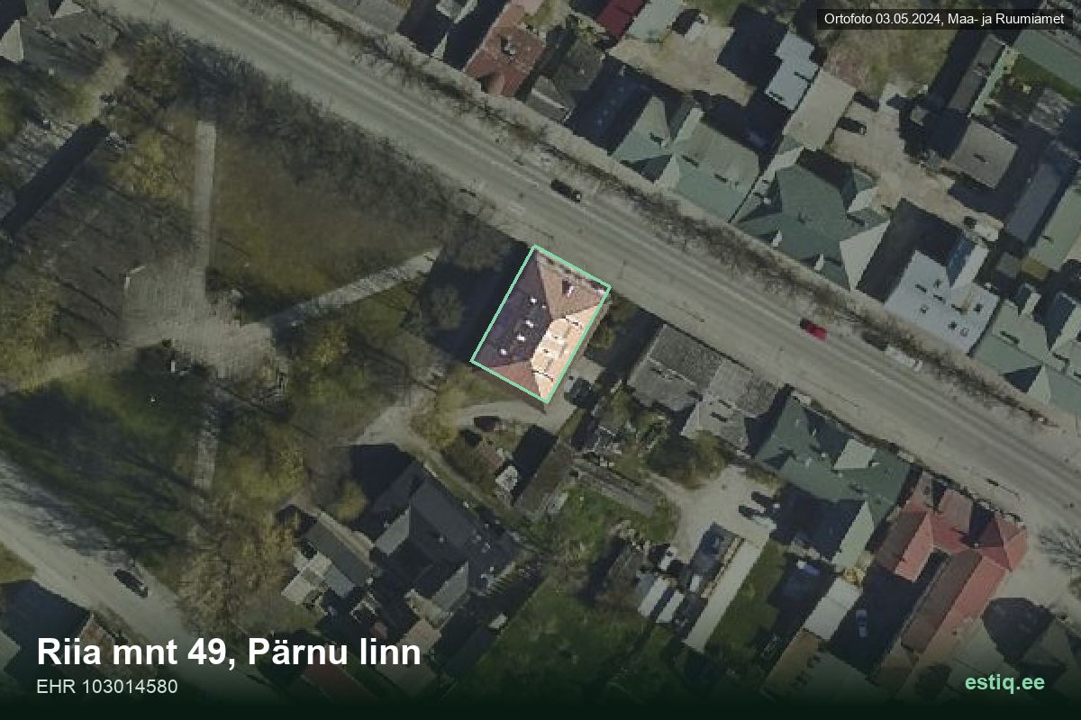 Riia mnt 49, Pärnu – hoone aerofoto, kontuur ehitisregistri (EHR) andmetest