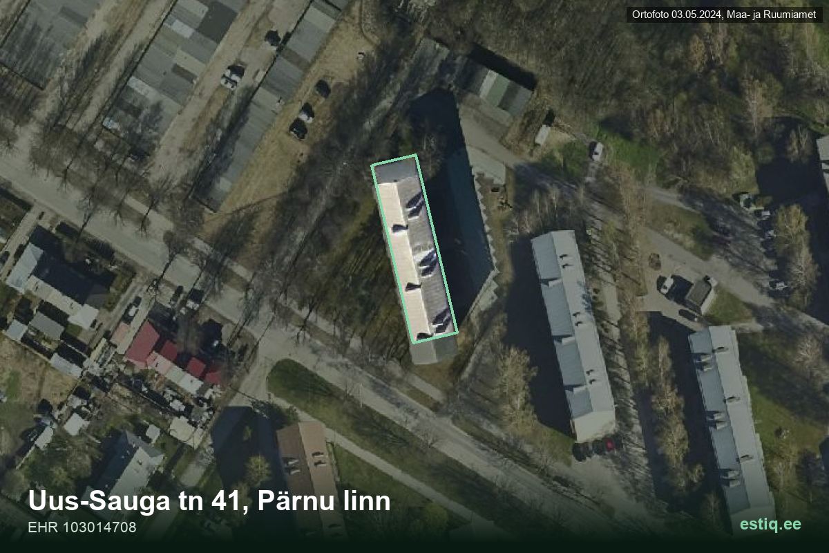 Uus-Sauga tänav 41, Pärnu – аэрофото дома, контур по данным регистра строений (EHR)