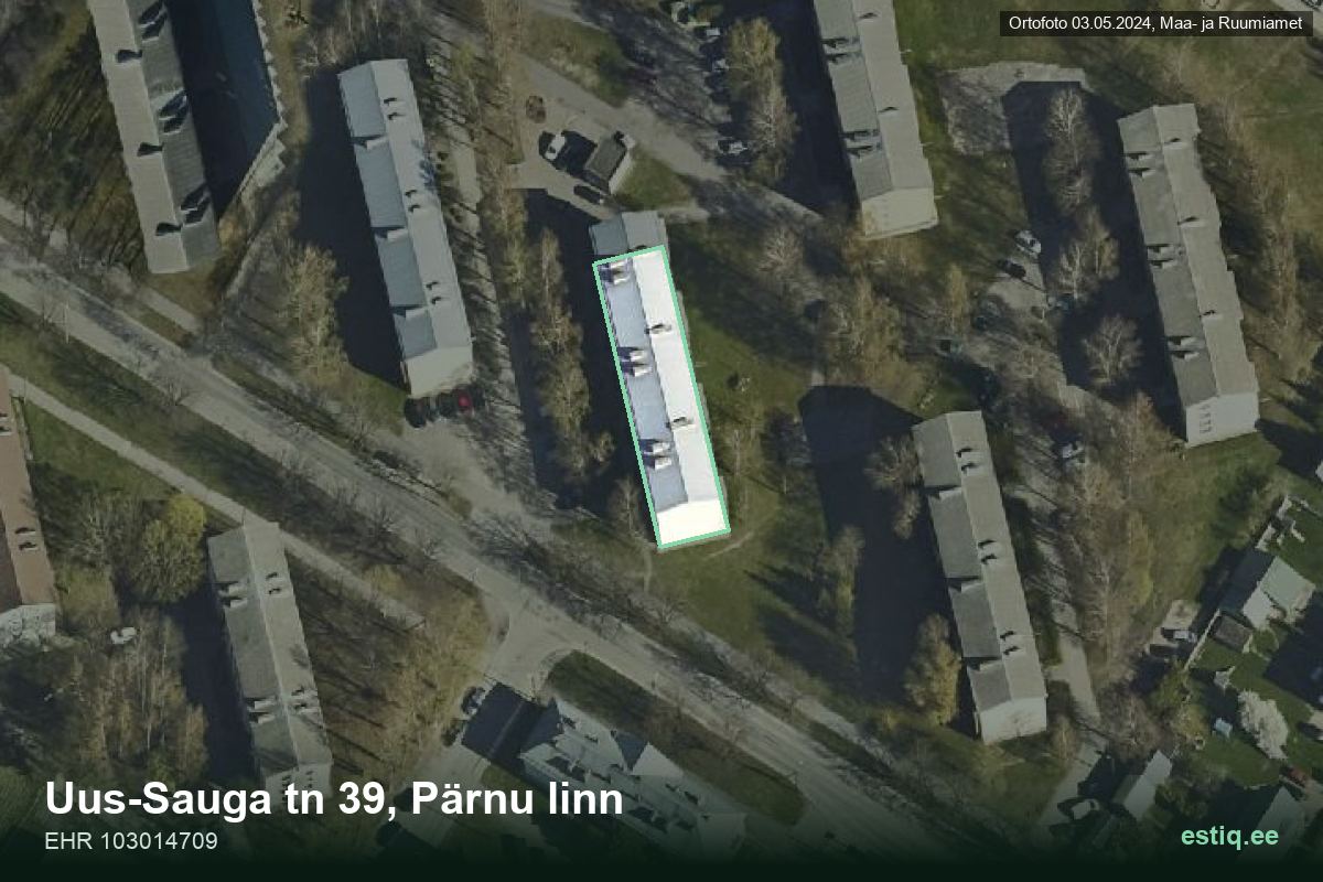 Uus-Sauga tänav 39, Pärnu – ilmakuva rakennuksesta, ääriviiva rakennusrekisteristä (EHR)