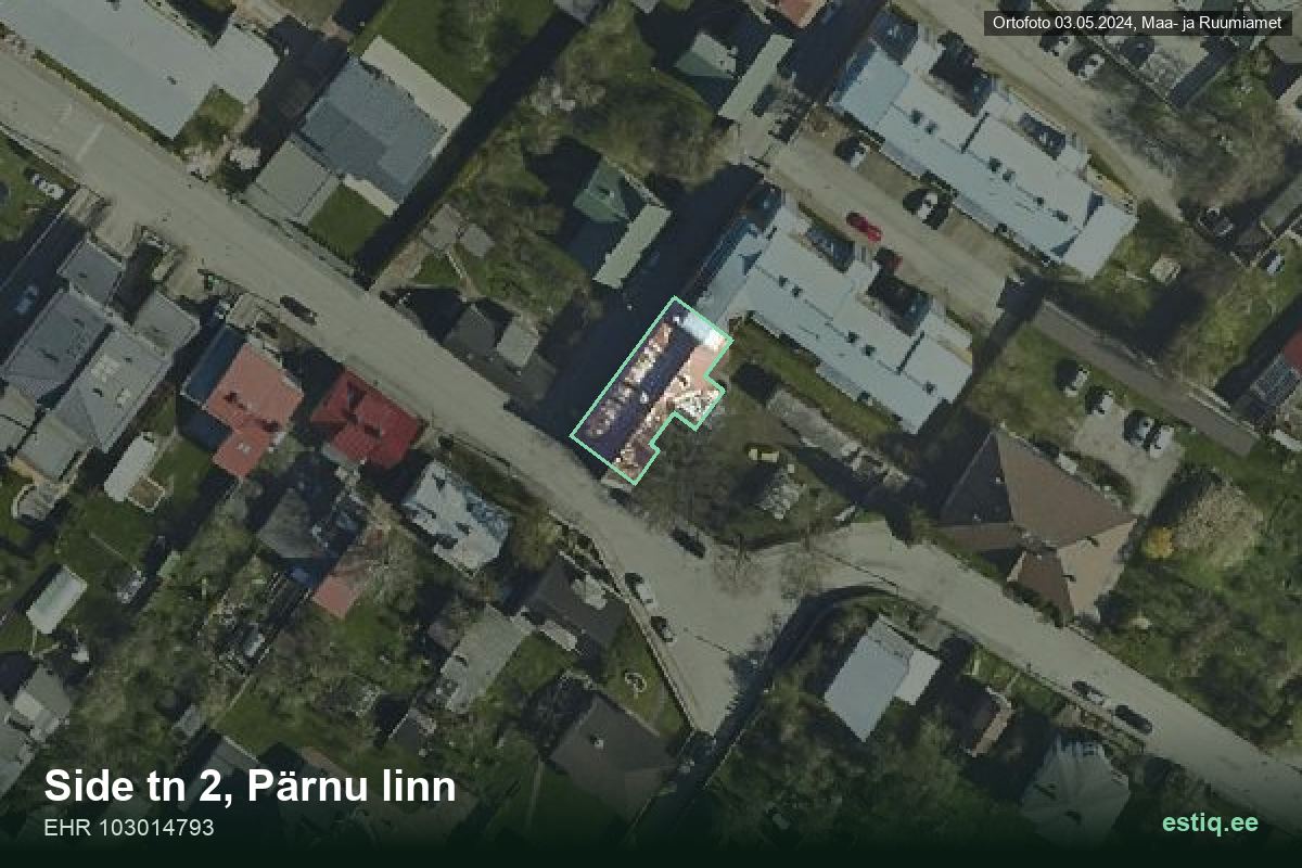 Side tänav 2, Pärnu – hoone aerofoto, kontuur ehitisregistri (EHR) andmetest