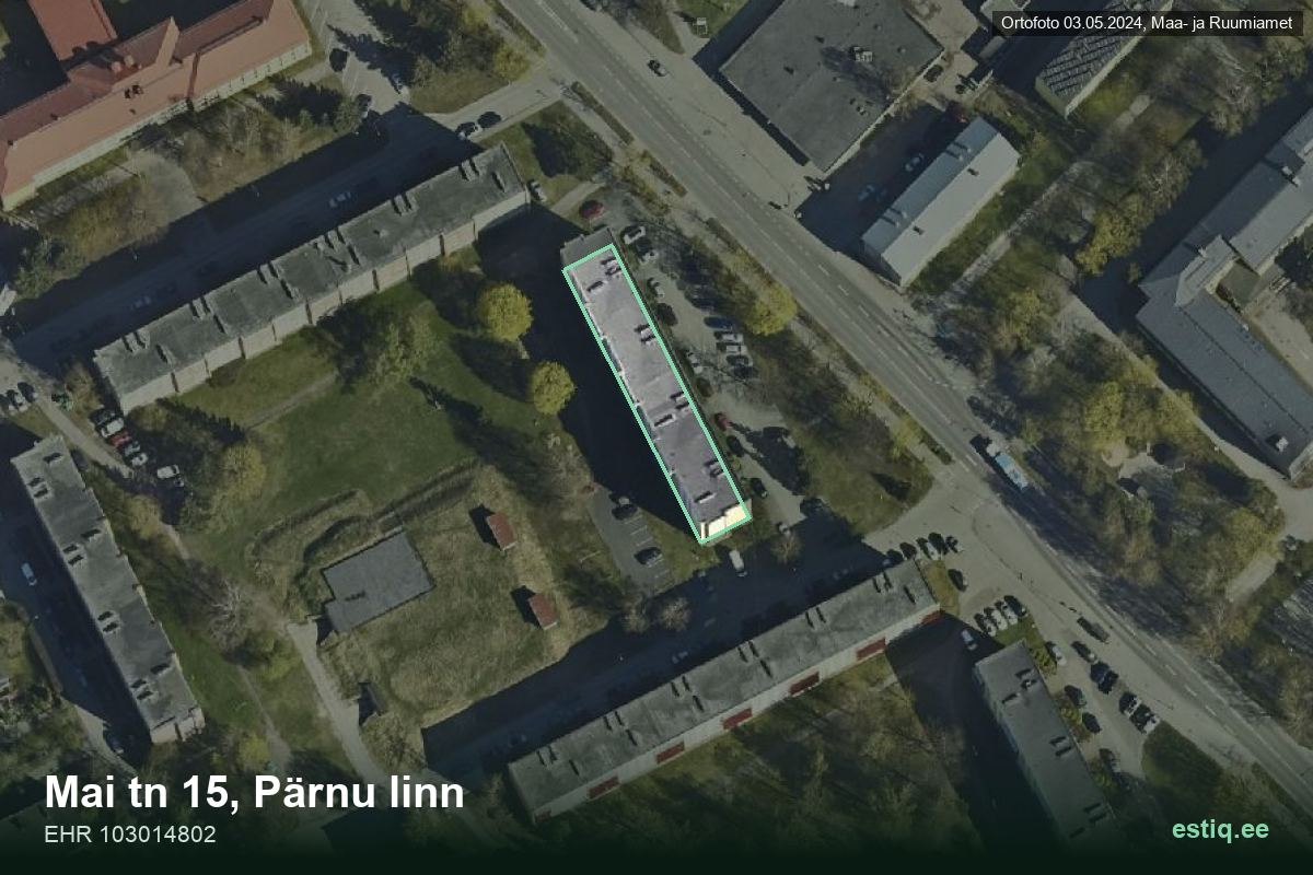 Mai tänav 15, Pärnu – hoone aerofoto, kontuur ehitisregistri (EHR) andmetest