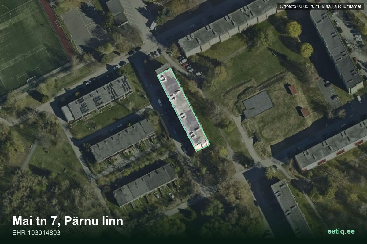 Mai tänav 7, Pärnu – hoone aerofoto, kontuur ehitisregistri (EHR) andmetest