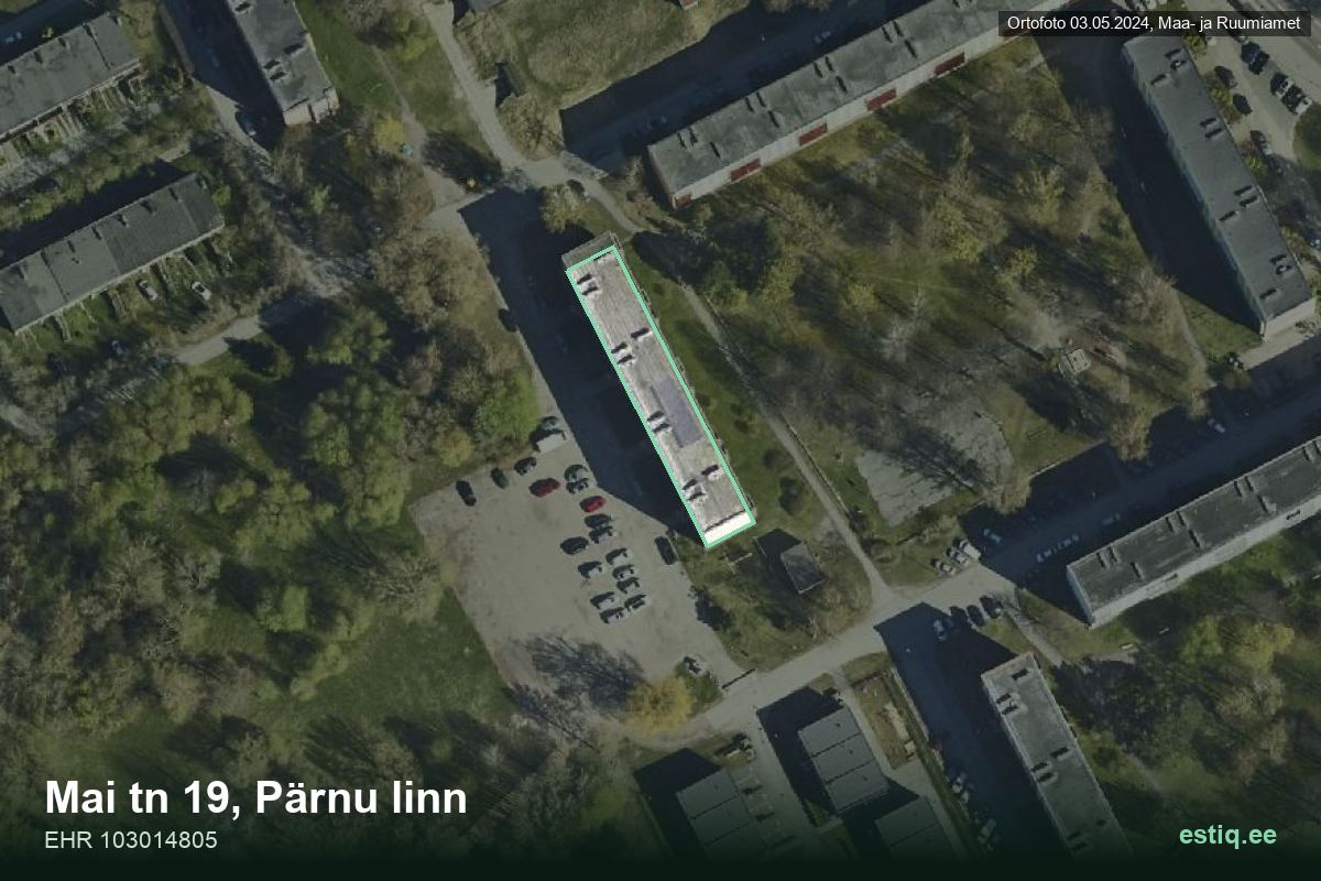 Mai tänav 19, Pärnu – hoone aerofoto, kontuur ehitisregistri (EHR) andmetest