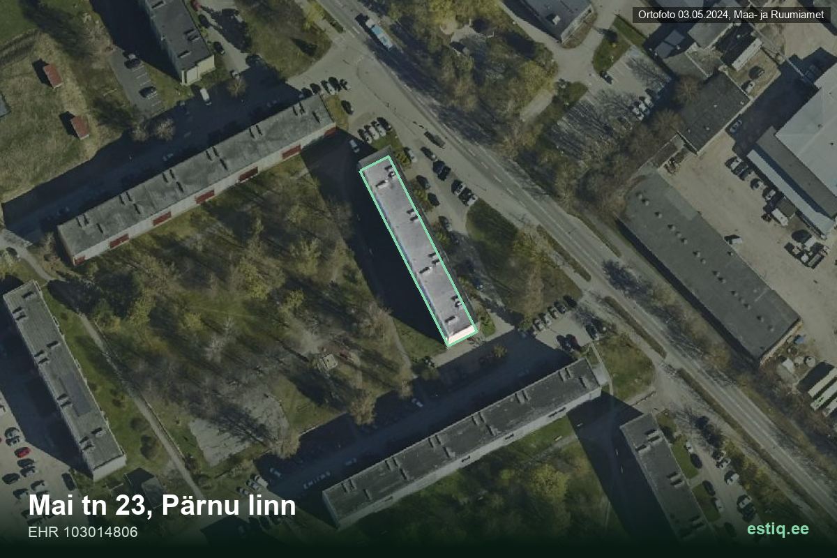 Mai tänav 23, Pärnu – hoone aerofoto, kontuur ehitisregistri (EHR) andmetest