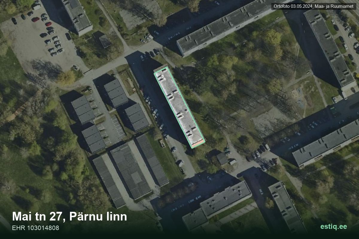 Mai tänav 27, Pärnu – hoone aerofoto, kontuur ehitisregistri (EHR) andmetest