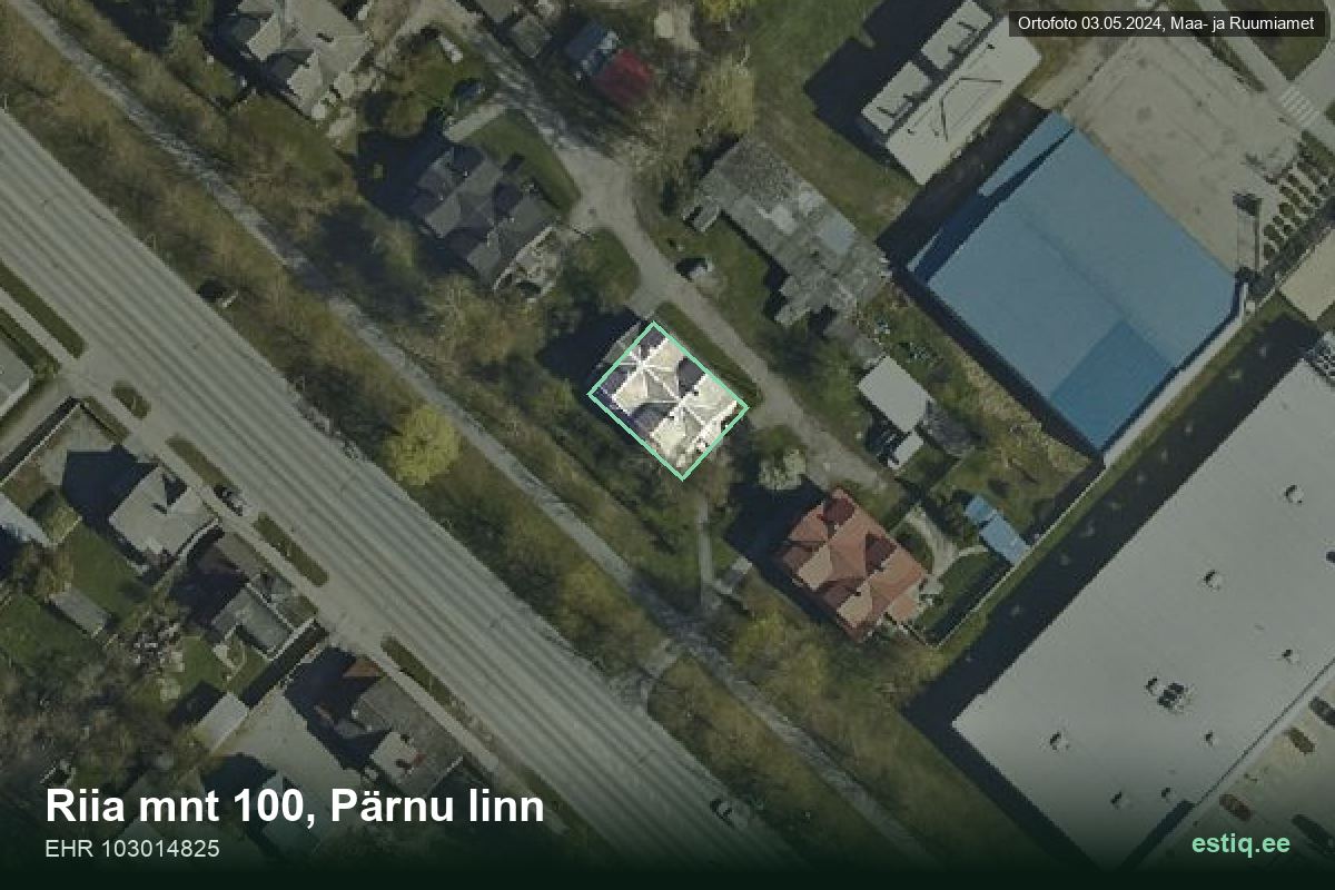Riia mnt 100, Pärnu – аэрофото дома, контур по данным регистра строений (EHR)