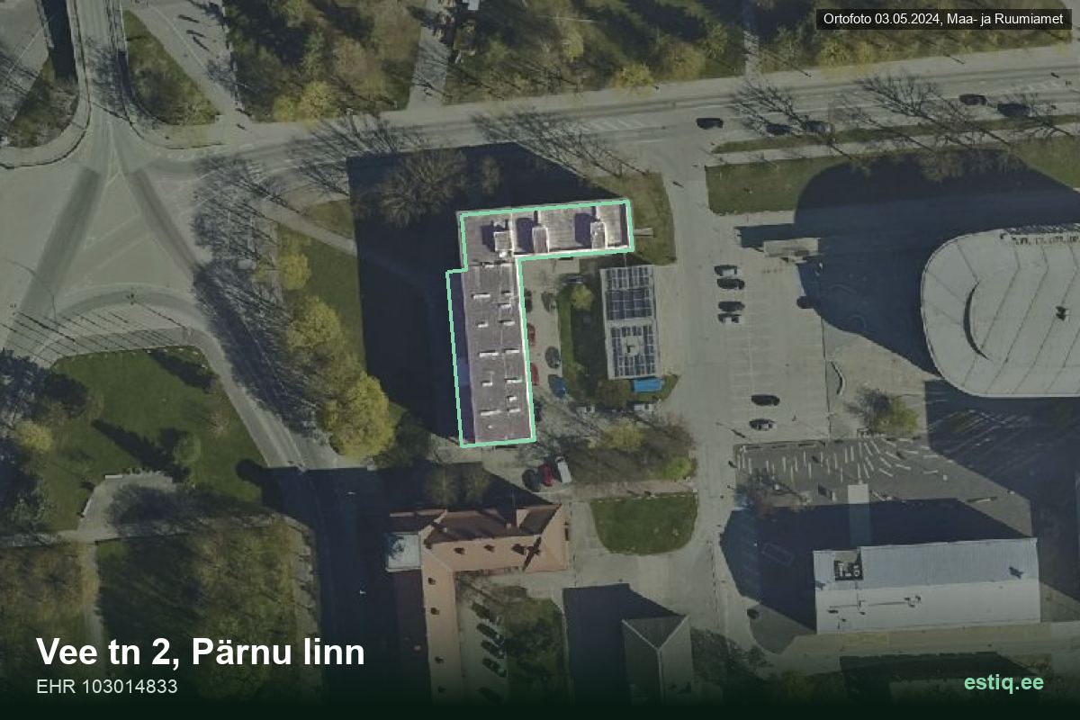 Vee tänav 2, Pärnu – hoone aerofoto, kontuur ehitisregistri (EHR) andmetest
