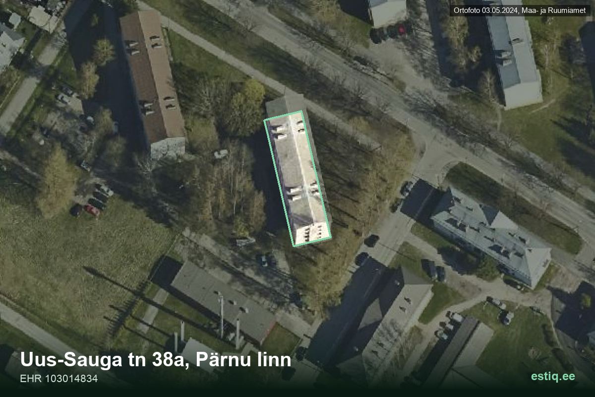 Uus-Sauga tänav 38a, Pärnu – аэрофото дома, контур по данным регистра строений (EHR)