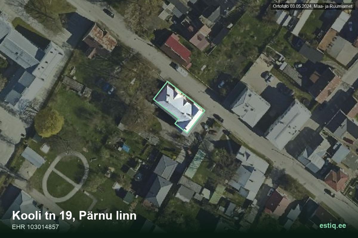 Kooli tänav 19, Pärnu – hoone aerofoto, kontuur ehitisregistri (EHR) andmetest