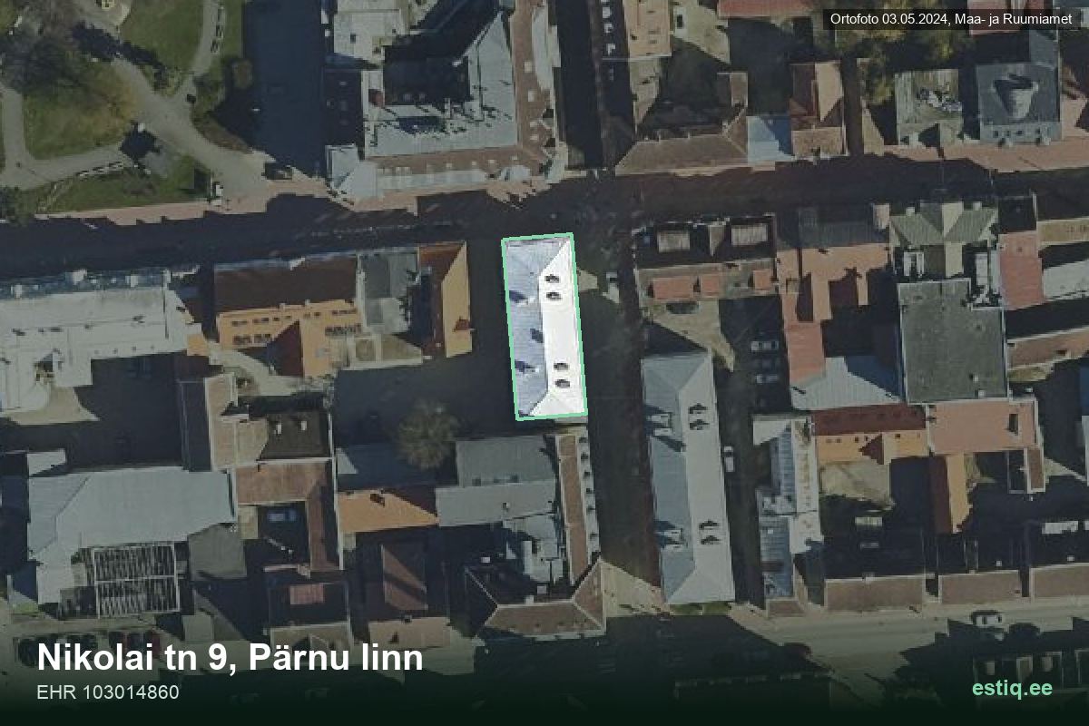 Nikolai tänav 9, Pärnu – аэрофото дома, контур по данным регистра строений (EHR)