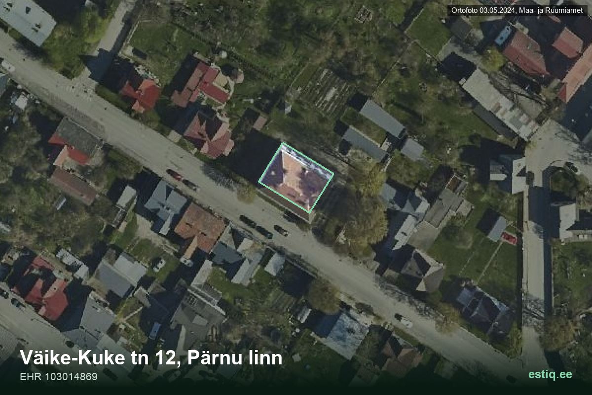 Väike-Kuke tänav 12, Pärnu – hoone aerofoto, kontuur ehitisregistri (EHR) andmetest