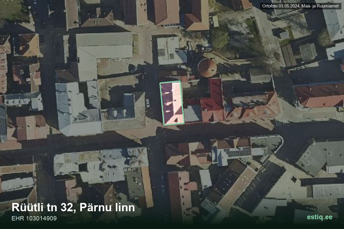 Rüütli tänav 32, Pärnu – hoone aerofoto, kontuur ehitisregistri (EHR) andmetest