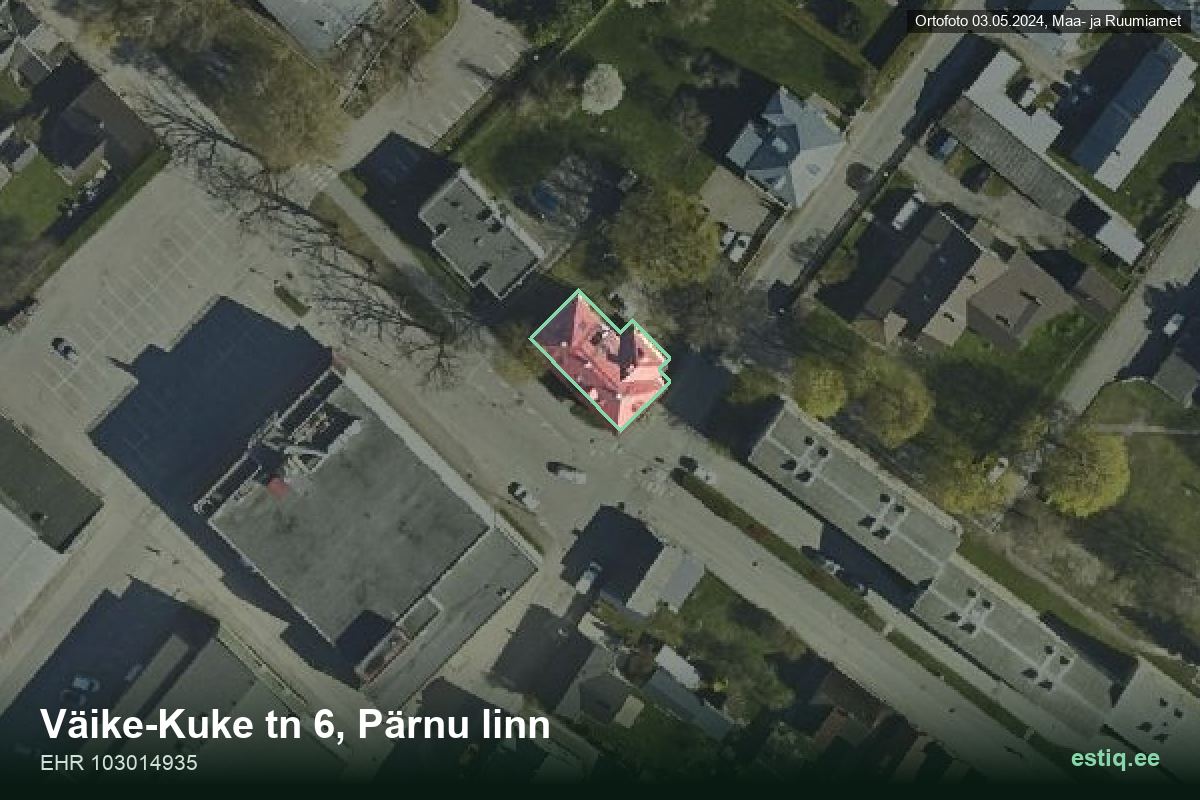 Väike-Kuke tänav 6, Pärnu – hoone aerofoto, kontuur ehitisregistri (EHR) andmetest