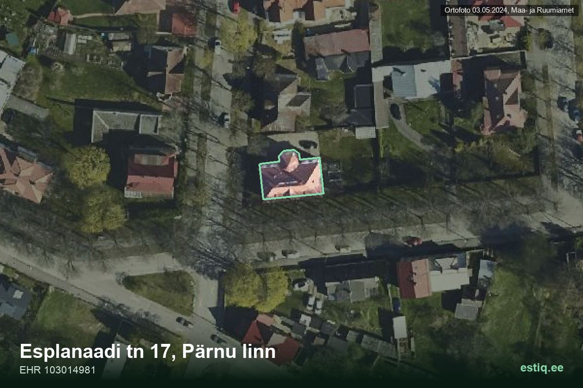 Esplanaadi tänav 17, Pärnu – hoone aerofoto, kontuur ehitisregistri (EHR) andmetest