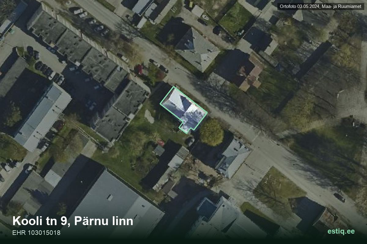 Kooli tänav 9, Pärnu – hoone aerofoto, kontuur ehitisregistri (EHR) andmetest