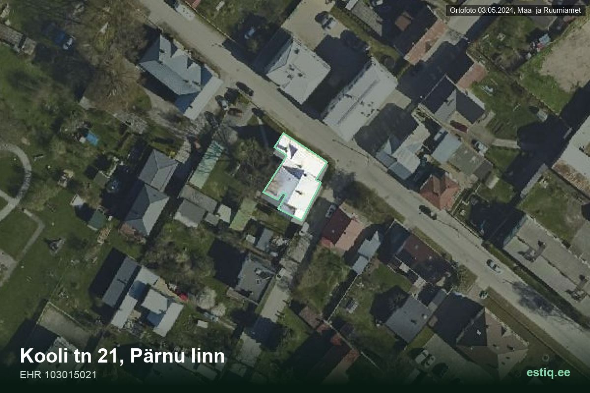 Kooli tänav 21, Pärnu – hoone aerofoto, kontuur ehitisregistri (EHR) andmetest