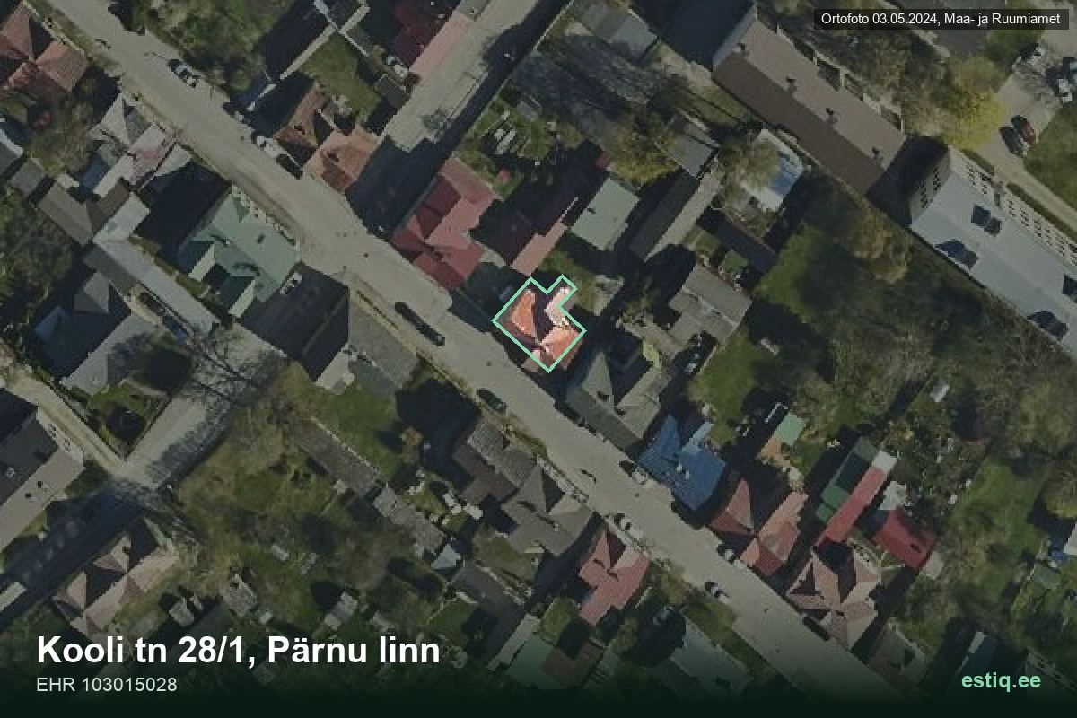 Kooli tänav 28/1, Pärnu – hoone aerofoto, kontuur ehitisregistri (EHR) andmetest