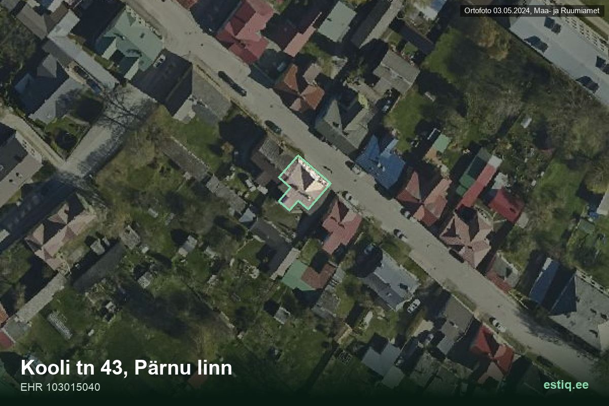 Kooli tänav 43, Pärnu – hoone aerofoto, kontuur ehitisregistri (EHR) andmetest