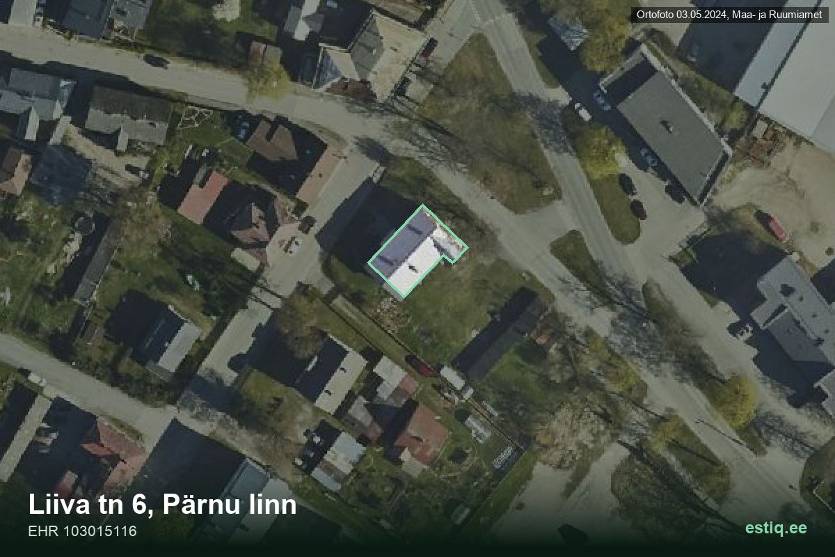 Liiva tänav 6, Pärnu – аэрофото дома, контур по данным регистра строений (EHR)