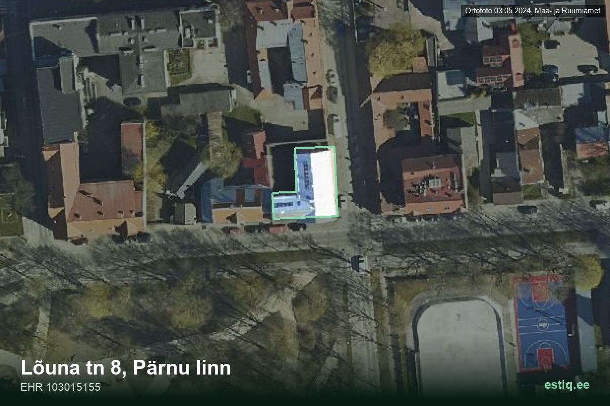 Lõuna tänav 8, Pärnu – hoone aerofoto, kontuur ehitisregistri (EHR) andmetest