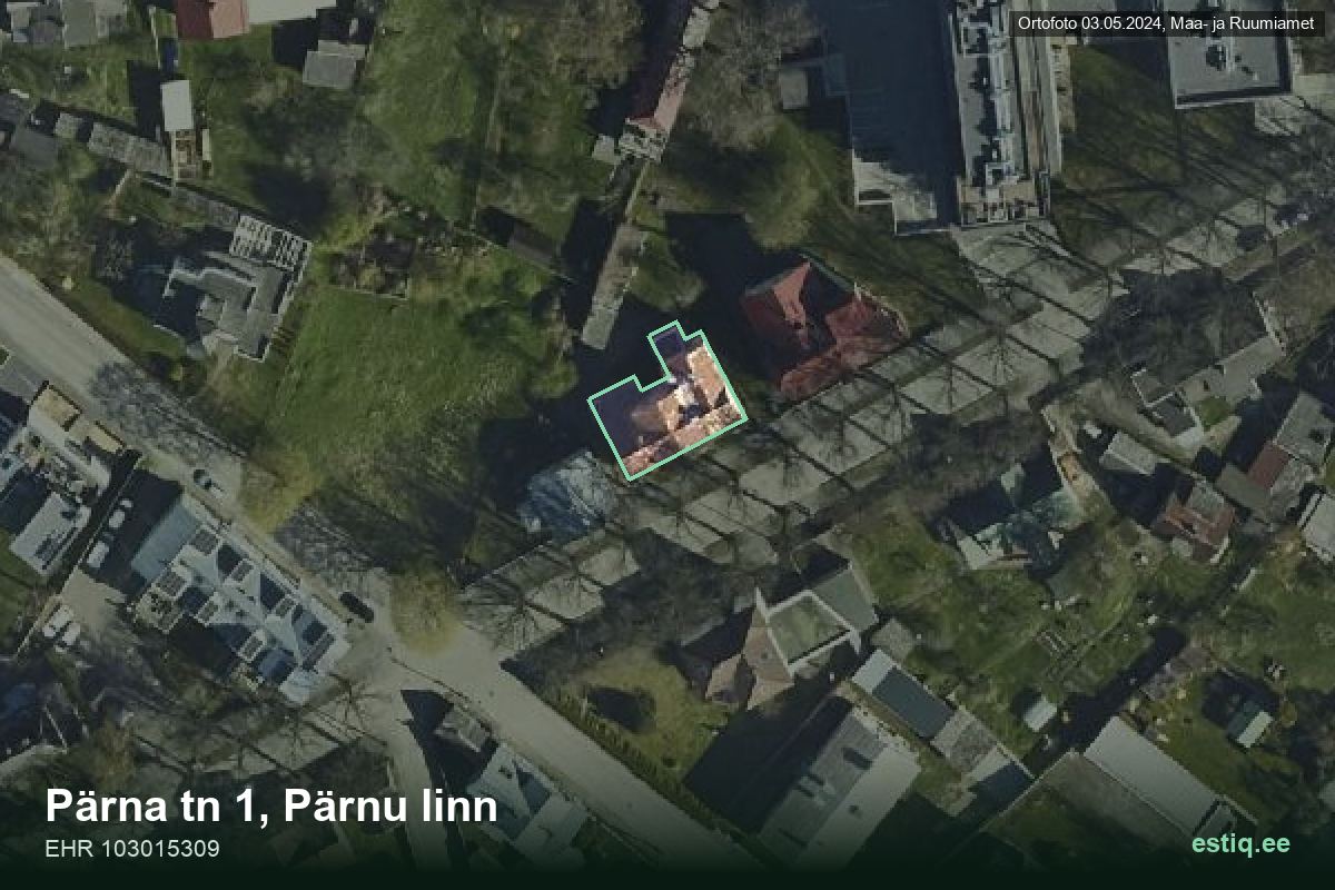 Pärna tänav 1, Pärnu – hoone aerofoto, kontuur ehitisregistri (EHR) andmetest