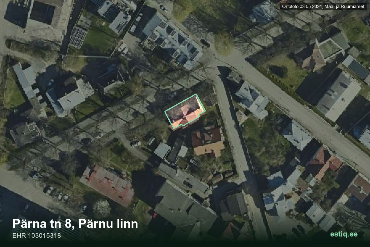 Pärna tänav 8, Pärnu – аэрофото дома, контур по данным регистра строений (EHR)