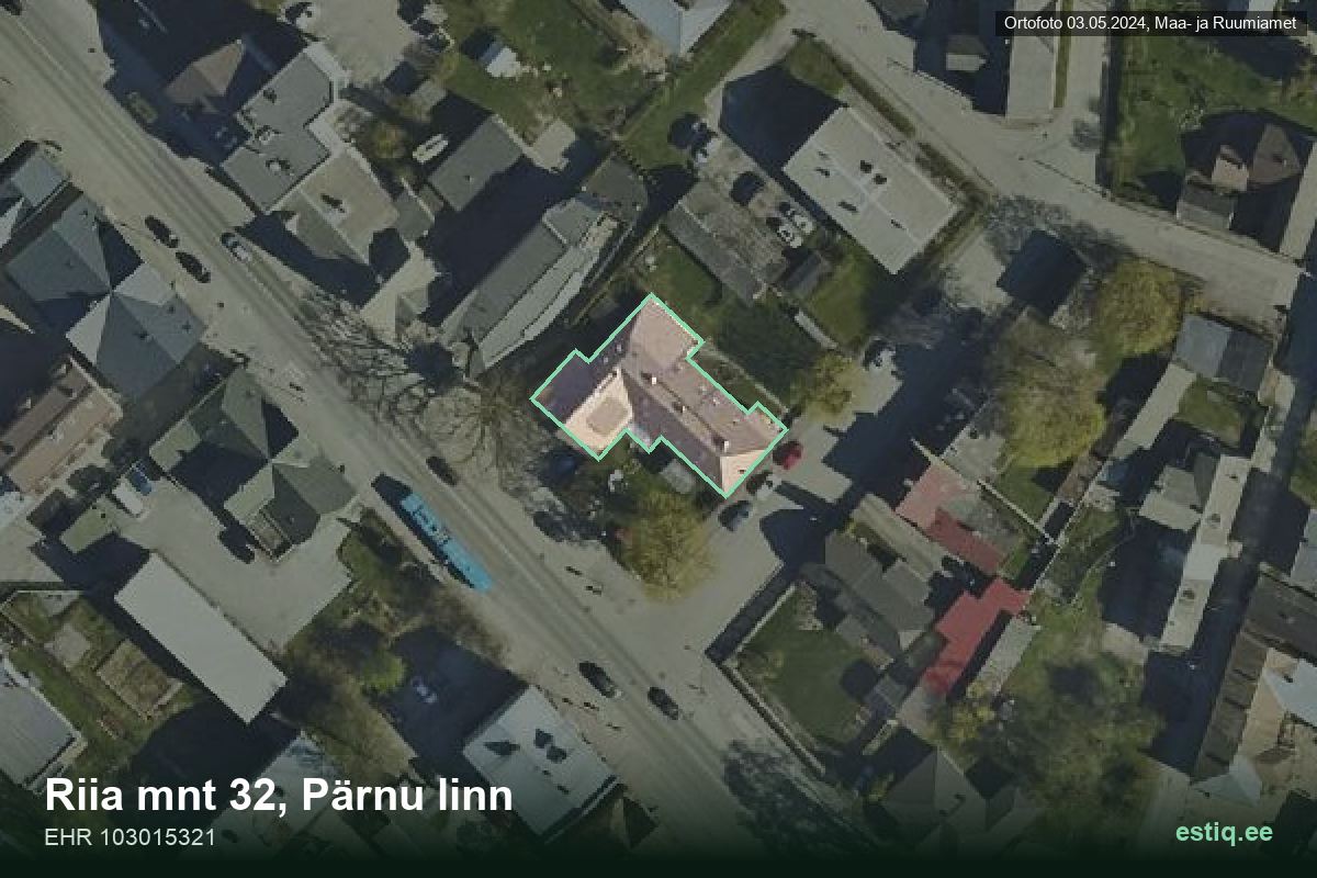 Riia mnt 32, Pärnu – hoone aerofoto, kontuur ehitisregistri (EHR) andmetest