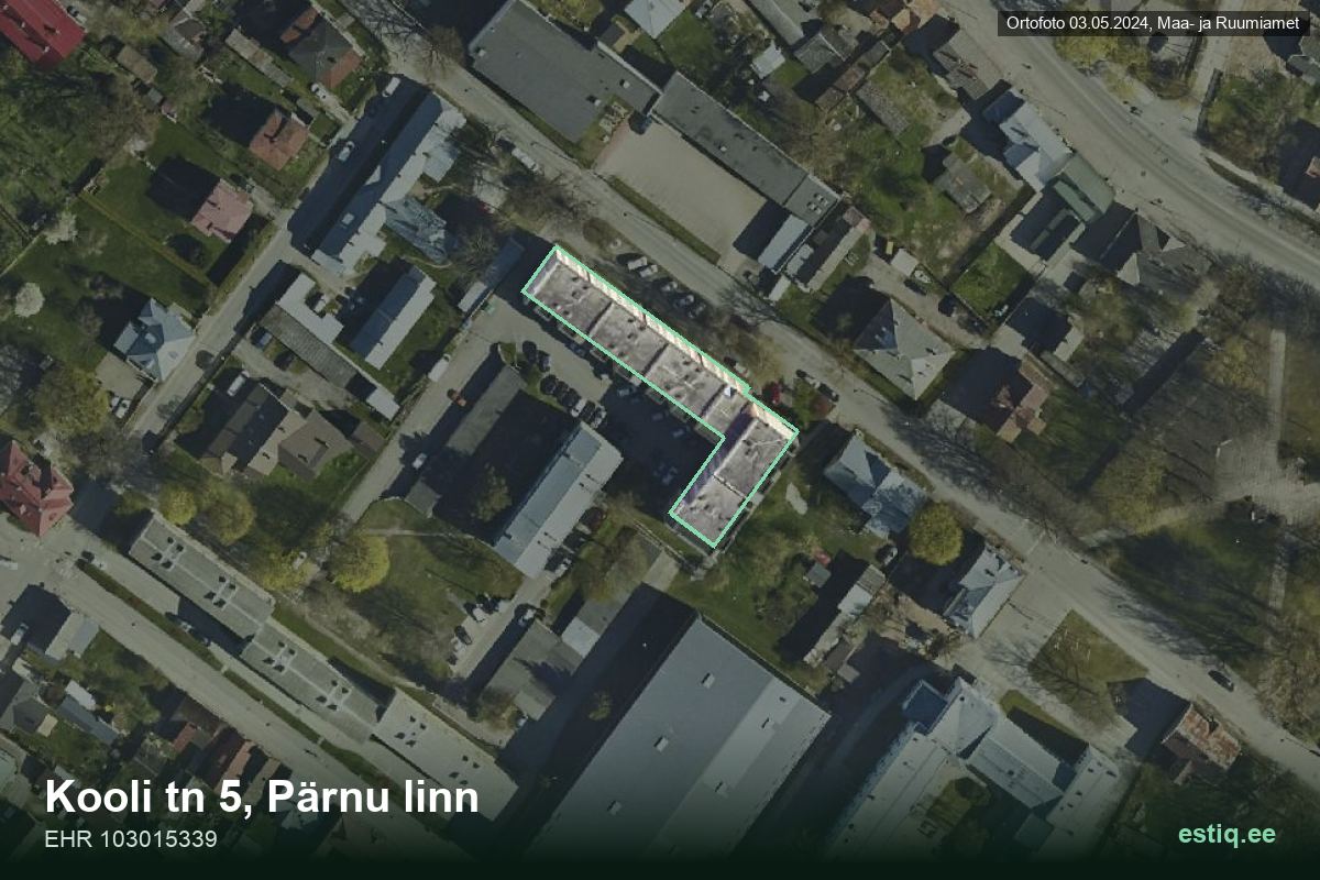 Kooli tänav 5, Pärnu – hoone aerofoto, kontuur ehitisregistri (EHR) andmetest