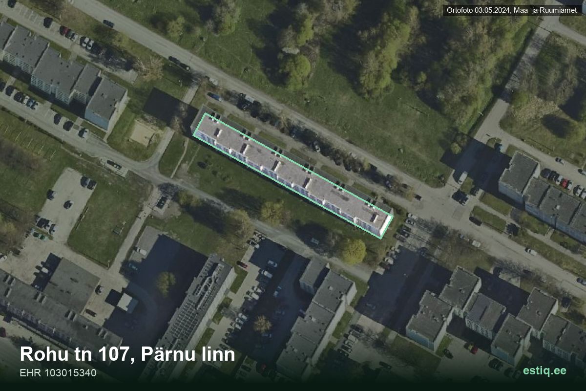 Rohu tänav 107, Pärnu – hoone aerofoto, kontuur ehitisregistri (EHR) andmetest