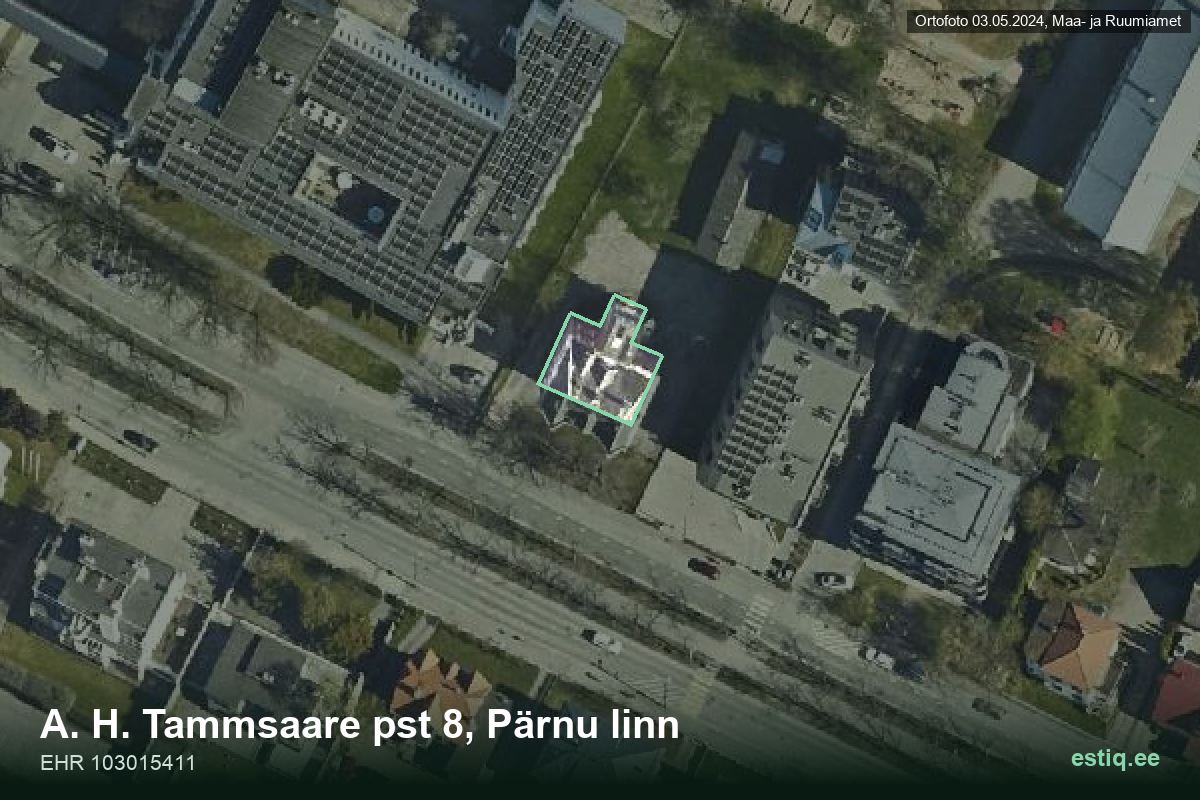 Tammsaare pst 8, Pärnu – hoone aerofoto, kontuur ehitisregistri (EHR) andmetest