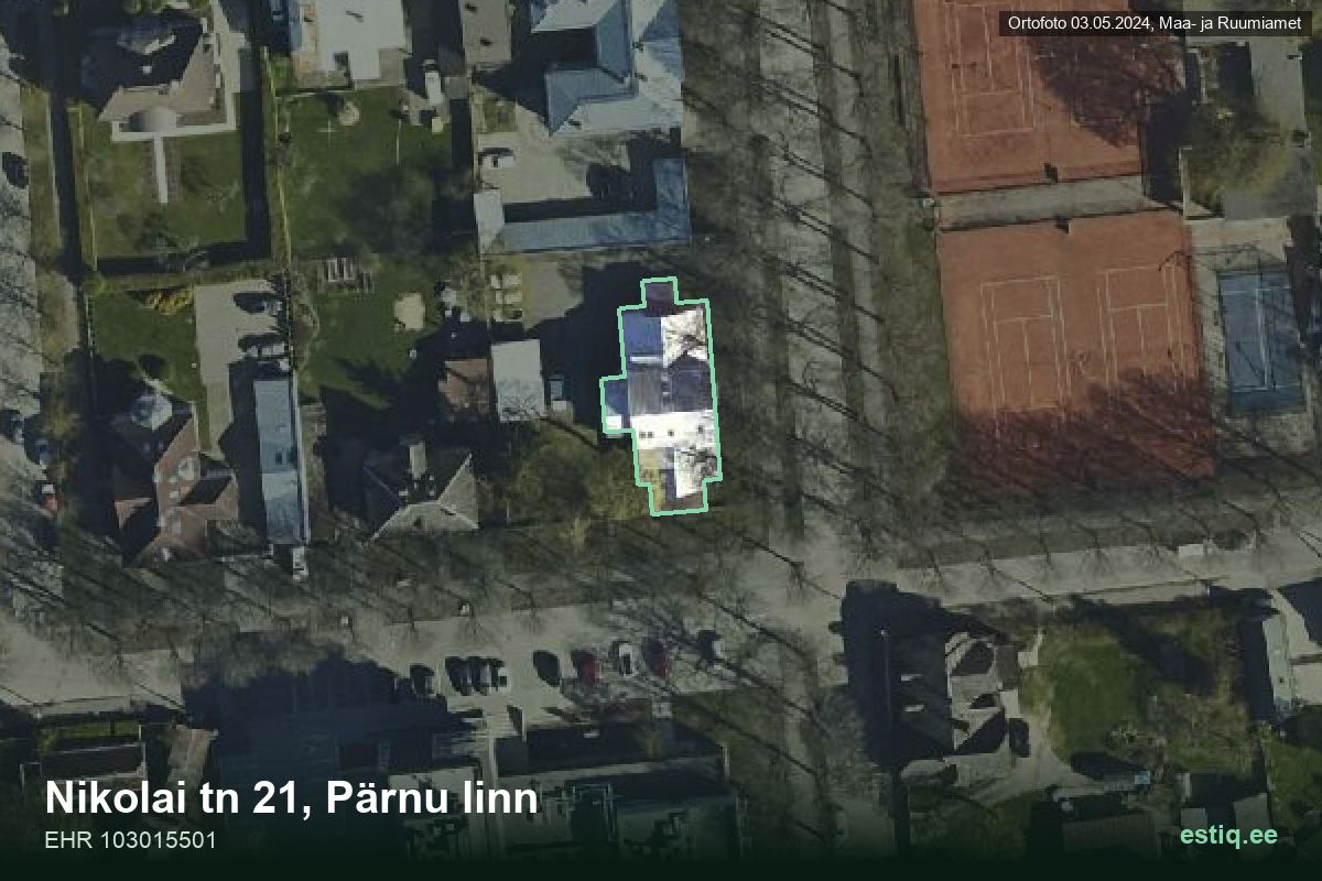 Nikolai tänav 21, Pärnu – hoone aerofoto, kontuur ehitisregistri (EHR) andmetest