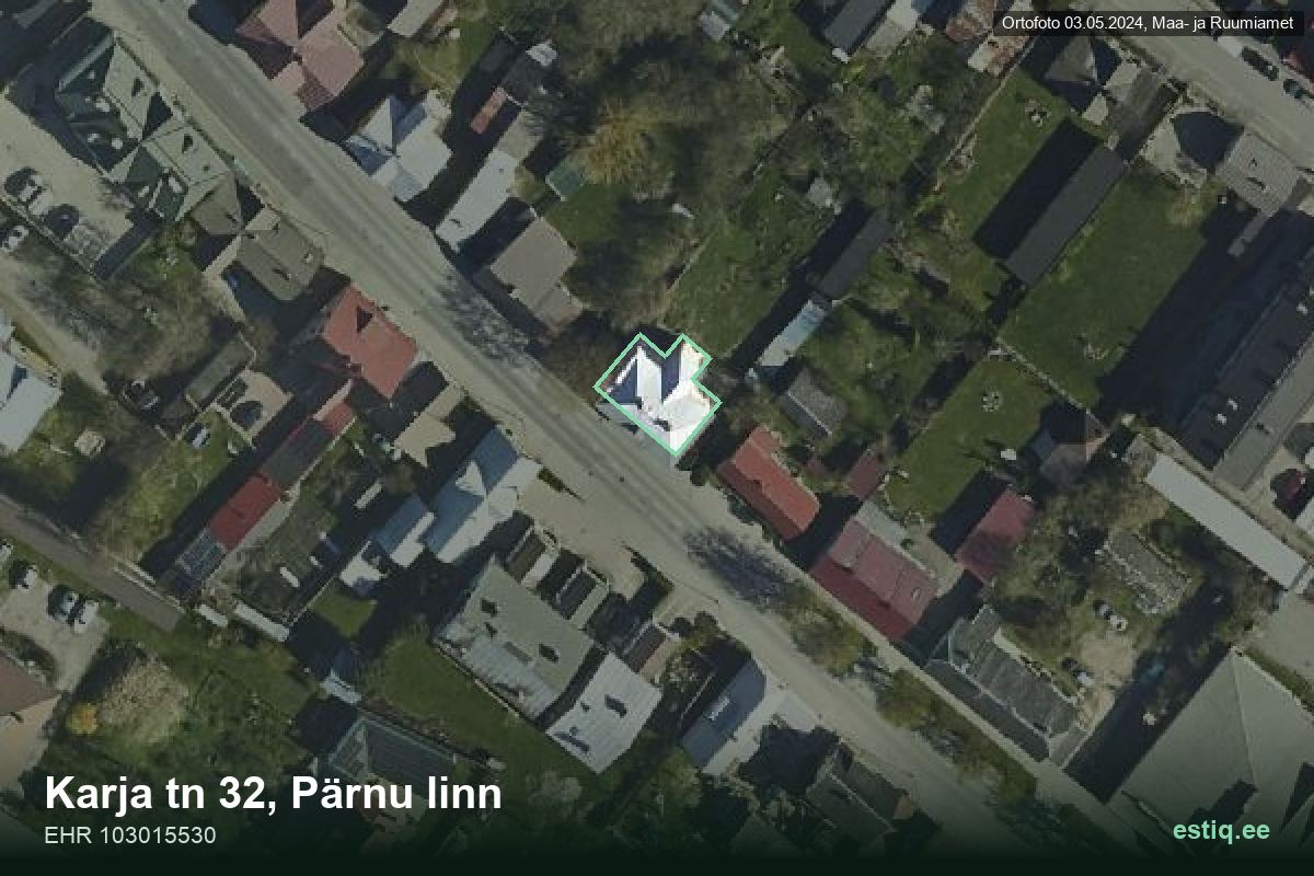 Karja tänav 32, Pärnu – hoone aerofoto, kontuur ehitisregistri (EHR) andmetest