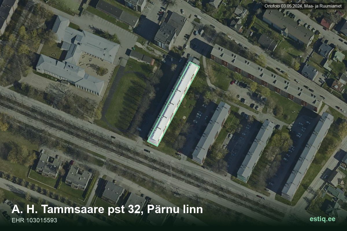 Tammsaare pst 32, Pärnu – hoone aerofoto, kontuur ehitisregistri (EHR) andmetest