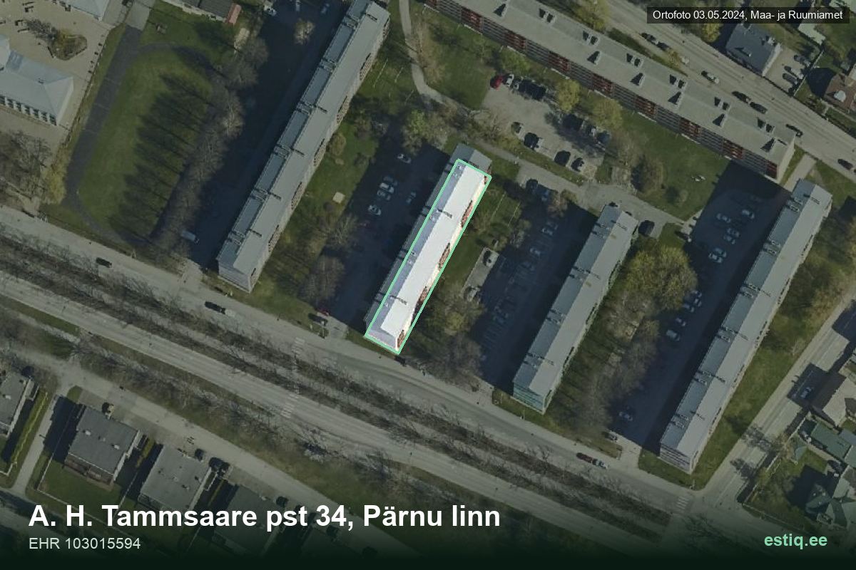 Tammsaare pst 34, Pärnu – hoone aerofoto, kontuur ehitisregistri (EHR) andmetest