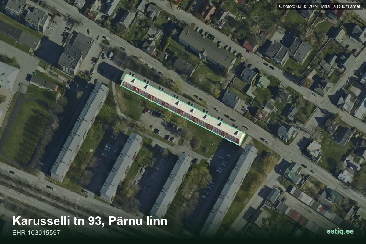Karusselli tänav 93, Pärnu – hoone aerofoto, kontuur ehitisregistri (EHR) andmetest