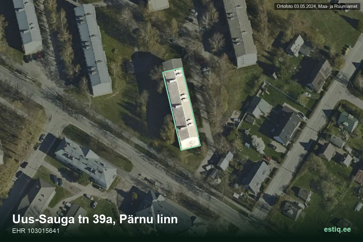 Uus-Sauga tänav 39a, Pärnu – hoone aerofoto, kontuur ehitisregistri (EHR) andmetest