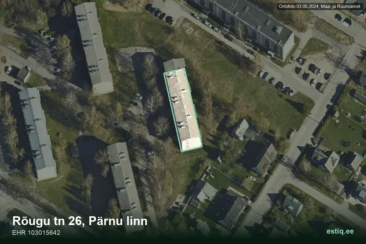 Rõugu tänav 26, Pärnu – hoone aerofoto, kontuur ehitisregistri (EHR) andmetest