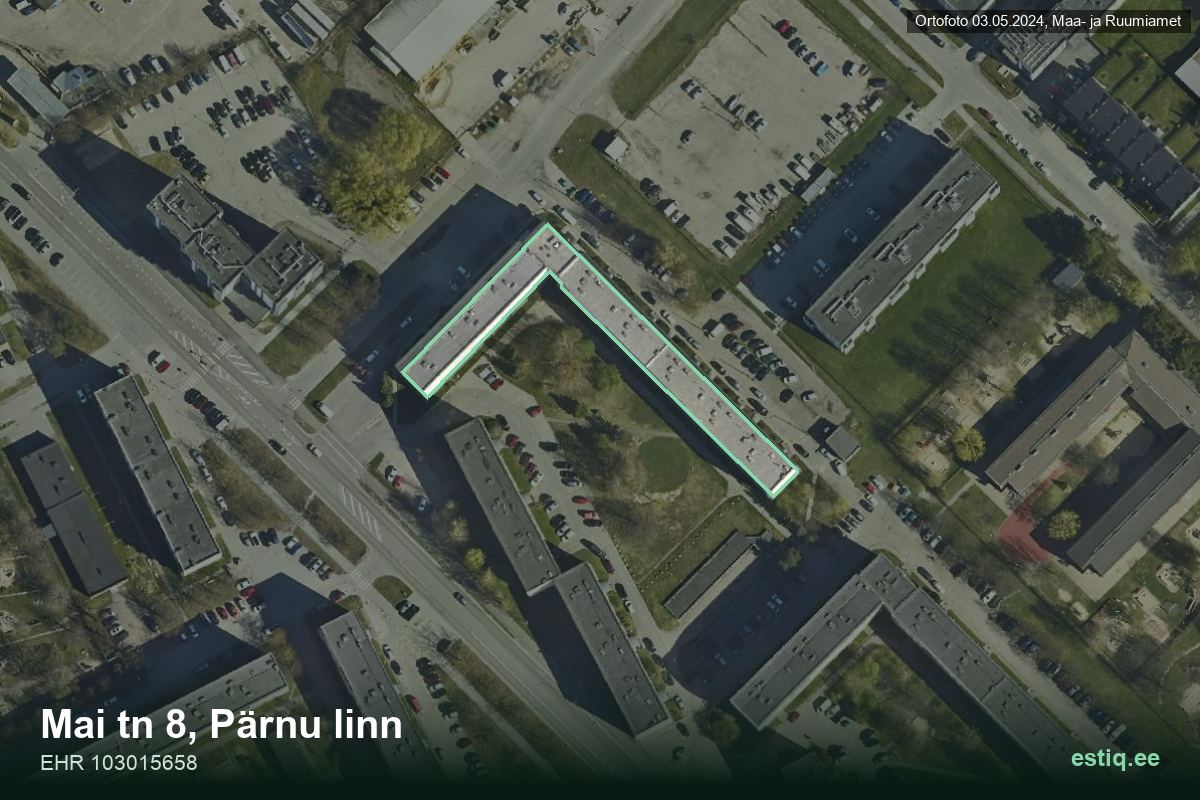 Mai tänav 8, Pärnu – hoone aerofoto, kontuur ehitisregistri (EHR) andmetest