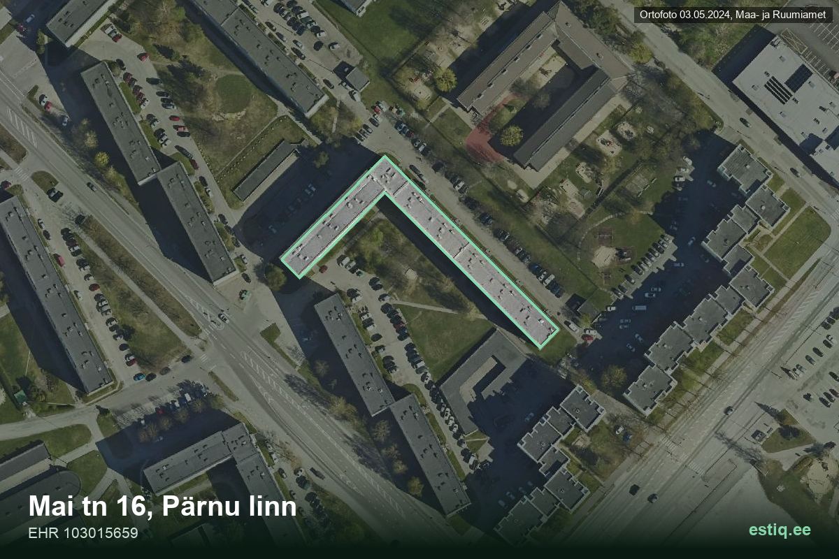 Mai tänav 16, Pärnu – hoone aerofoto, kontuur ehitisregistri (EHR) andmetest