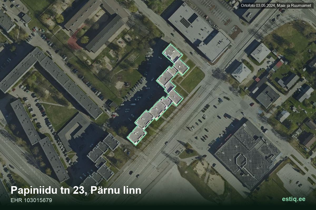 Papiniidu tänav 23, Pärnu – hoone aerofoto, kontuur ehitisregistri (EHR) andmetest