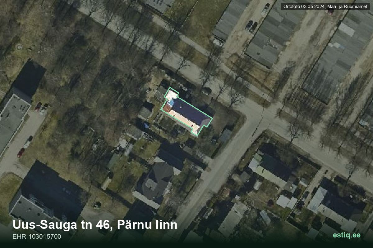 Uus-Sauga tänav 46, Pärnu – hoone aerofoto, kontuur ehitisregistri (EHR) andmetest