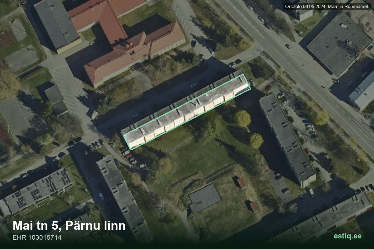 Mai tänav 5, Pärnu – hoone aerofoto, kontuur ehitisregistri (EHR) andmetest